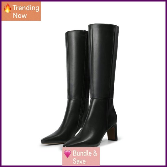Knee High Boots Chunky Block Heel Square Toe Side Zipper Tall Boots